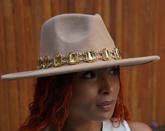 Unisex Gemstone Glam Camel Fedora, Big Wide Brim Fedora Hats for Women Men Western Boater Hat Large Felt Panama Hat Rancher Hat