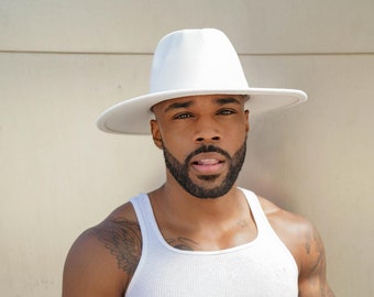 Mens Pure  White Fedora Hat, Big Wide Brim Fedora Hats for Women Men Western Boater Hat Large Felt Panama Hat Rancher Hat