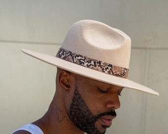Walnut Cream Wide Brim Fedora with Snake Details