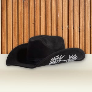 Unisex Black Western Glam Cowboy Fedora Hat Embroidered with Rhinestone Roses