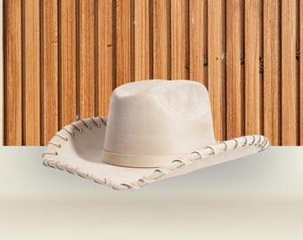 Western Chic Unisex Beige Faux Suede Cowboy Hat with Embroidered Brim Statement Hat