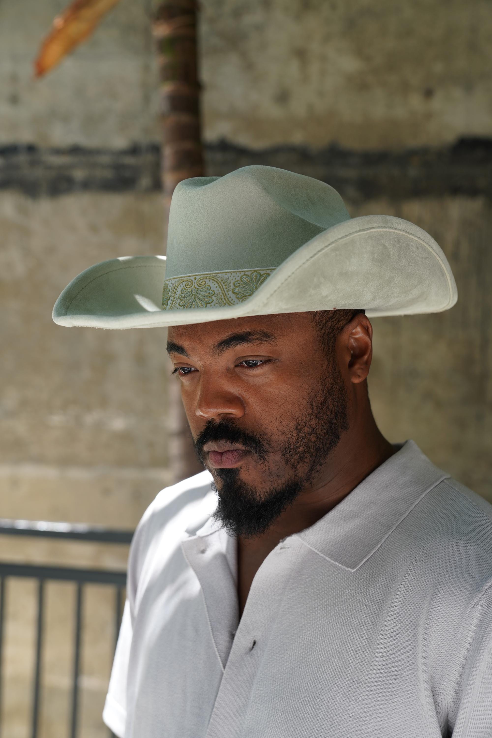 Mint Green Cowboy Hat With Embroidered Boho Style Band for 