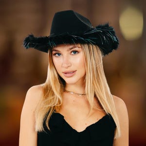 Unisex Western Faux Feather Black Cowboy Hat Luxury Celebrity Style
