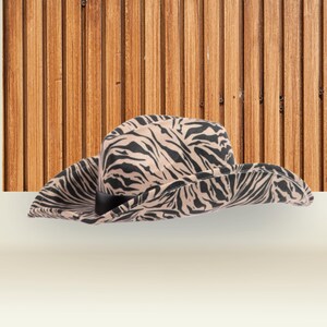 Beige Zebra Print Cowboy Fedora Hat – Animal Print Western Hat with Black Satin Band | Unisex Bold Style