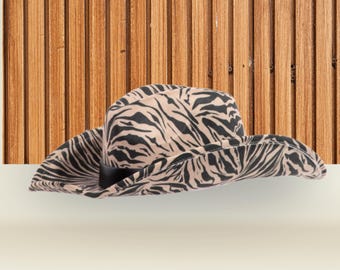 Beige Zebra Print Cowboy Fedora Hat – Animal Print Western Hat with Black Satin Band | Unisex Bold Style