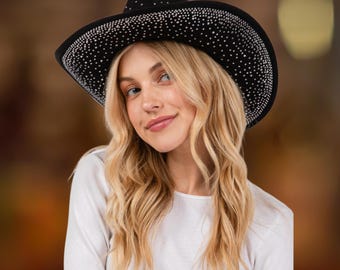 Unisex Western Faux Suede Black Cowboy Hat Luxury Celebrity Style Studded