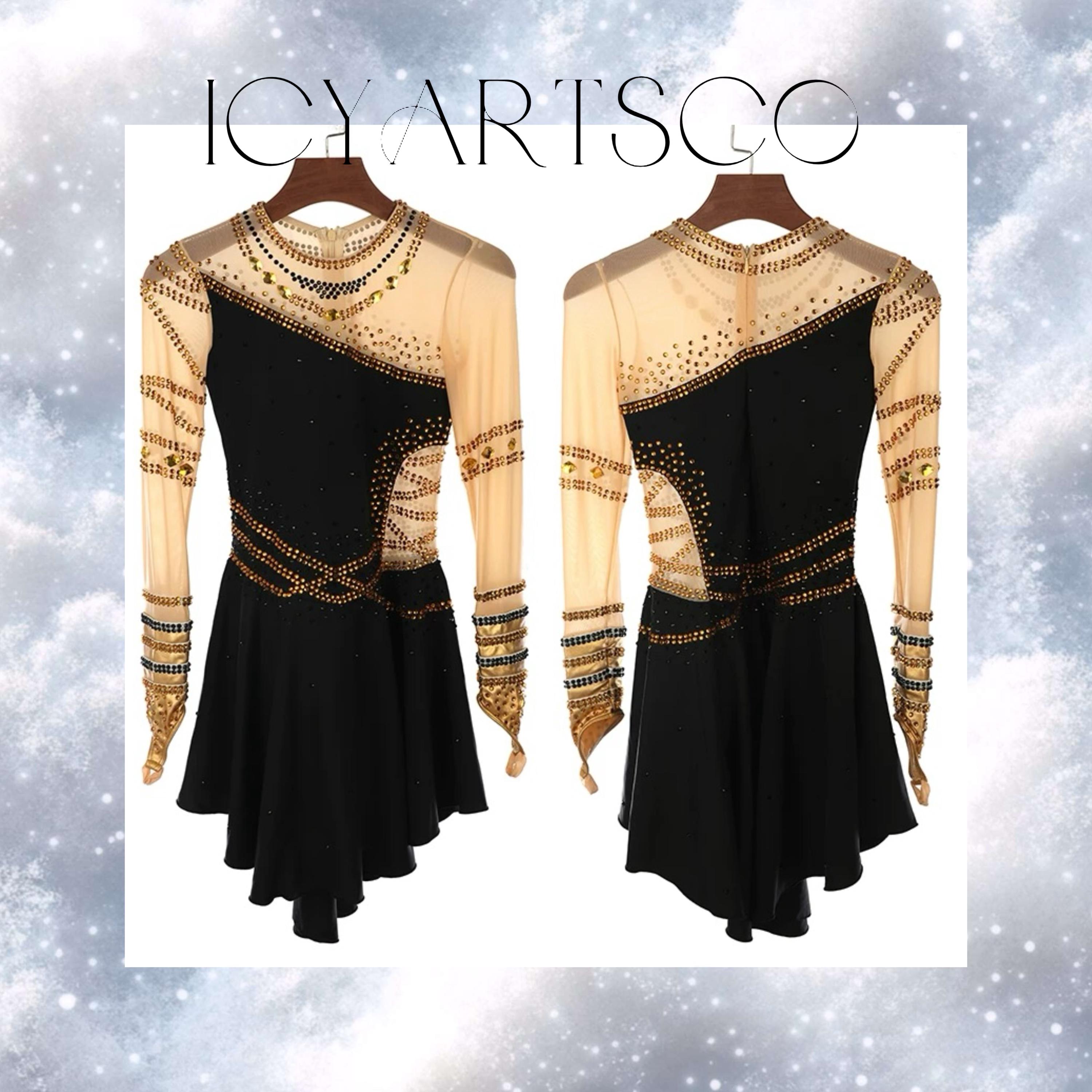 black and gold ice skating dress Competition Figure Skating Dress Assymetrical Skirt Off Shoulder Black –  Boutique Step Up main image 0