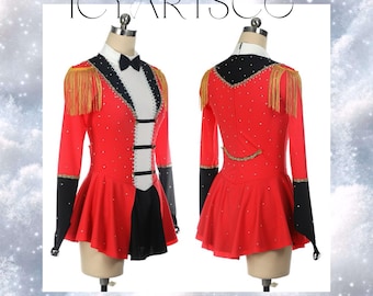 May include: Red and black figure skating dress with gold trim and rhinestones. The dress has a long sleeve, a fitted bodice, and a flared skirt. The dress is decorated with gold fringe and a gold chain detail on the back.