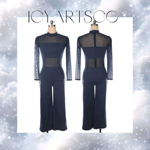 May include: A navy blue jumpsuit with long sleeves and a sheer mesh panel across the chest and back. The jumpsuit has a wide leg and a mock neck.