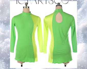 May include: A green and yellow long-sleeved skating dress with a keyhole back. The dress has a diagonal seam and a ruffled hem.