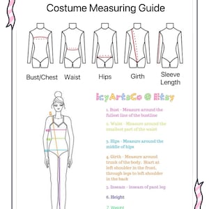 May include: A guide for measuring costume sizes with illustrations of a person's body and where to measure for bust, waist, hips, girth, and sleeve length. The text includes "IcyArtsCo @ Etsy".