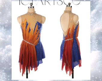 May include: A figure skating dress with a blue, orange, and red design. The dress has a high neckline and a back cutout. The dress is decorated with rhinestones.