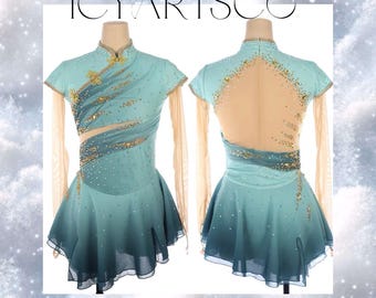 May include: A teal and blue figure skating dress with gold accents and a sheer back. The dress has a mandarin collar and short sleeves.