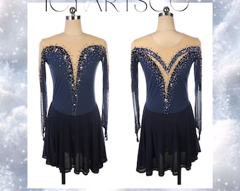 May include: A navy blue figure skating dress with long sleeves and a sheer overlay. The dress has a V-shaped neckline and is decorated with rhinestones.
