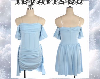 May include: A light blue mini dress with a corset-style bodice, off-the-shoulder sleeves, and clear straps. The front features ruched fabric detailing, while the back displays a smooth skirt. The text IcyArtsCo is visible at the top.