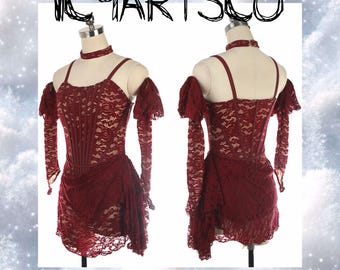 May include: A burgundy lace dress with off-the-shoulder sleeves and a matching choker. The dress features a corset-style bodice and a layered skirt. The text "ICYARTSCO" is above the dress.