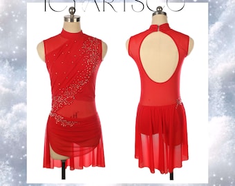 May include: Red sleeveless dance dress with a high neckline and a sheer overlay. The dress has a keyhole back and is decorated with rhinestones.