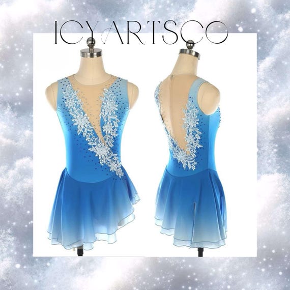 Backless Ombre Figure Skating Dress Ice Skating Dress Blue Mode
