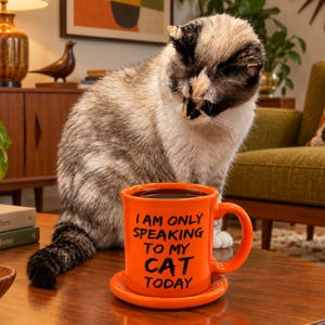 May include: A bright orange ceramic mug with a matching saucer, featuring the black text "I AM ONLY SPEAKING TO MY CAT TODAY" printed on the front. The mug has a sturdy handle and a smooth, glossy finish, sitting on a wooden surface.