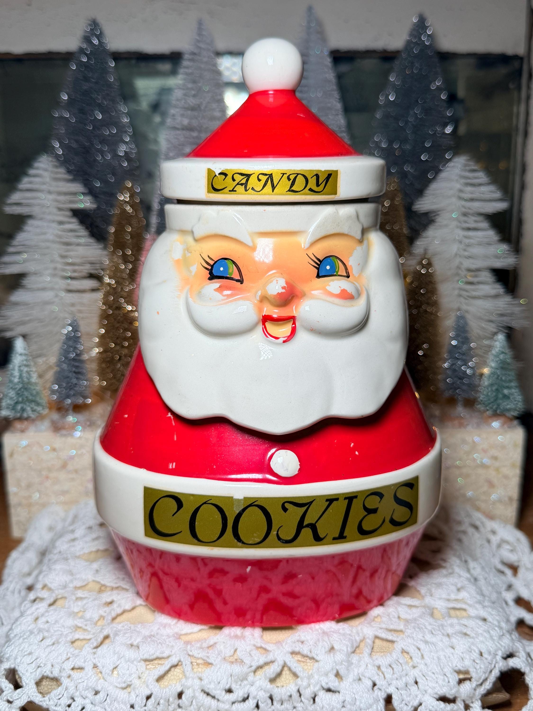 稀少ヴィンテージガラス窓付きブリキ缶 クリスマス 聖フランシスコ/ツリーと動物 Santa Cookie Jar Japan - Etsy