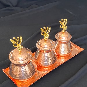 Handmade Spice Set, Supply Container, Coffee Box,Kitchen Decor,Copper Spice Jar 3-Piece Set with Lid and with Tray