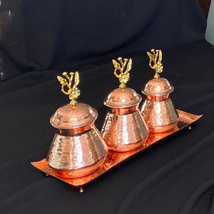 Copper Spice Jar , Spice Set, Supply Container, Coffee Box,Kitchen Decor 3 Piece Set with Lid and Tray