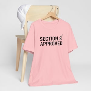 Puede incluir: Una camiseta rosa claro con la frase "SECTION 8 APPROVED" en negro. La camiseta está colgada de una percha de madera. Una gorra de béisbol blanca descansa sobre el respaldo de una silla de madera.
