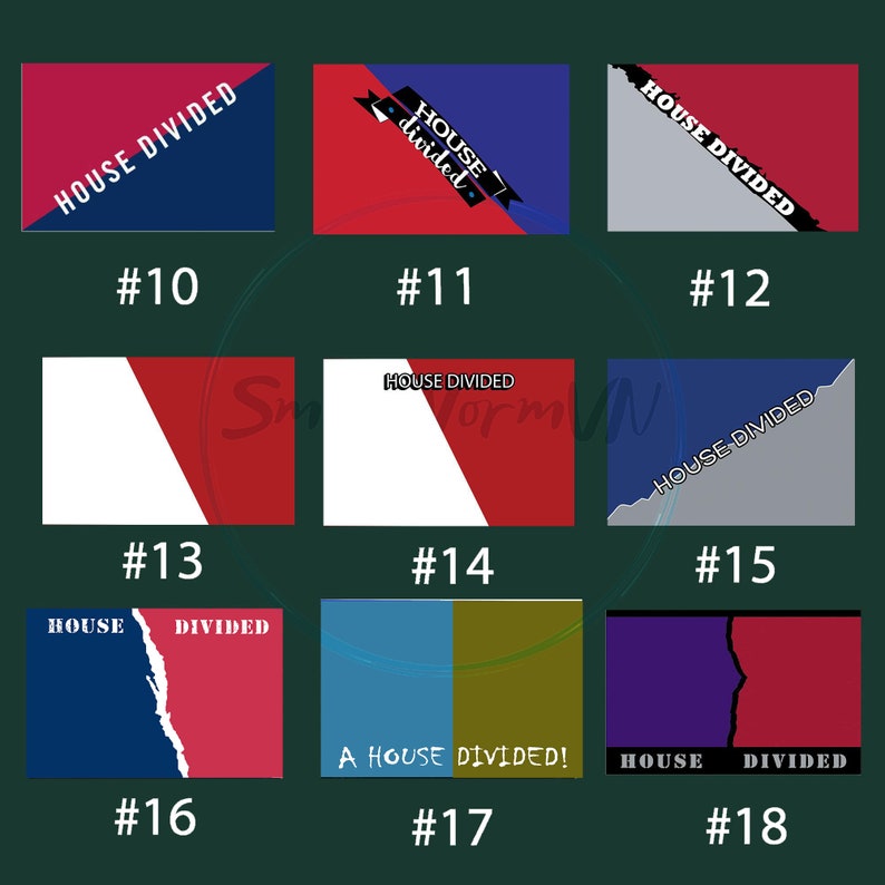May include: A collection of graphic designs with the text "HOUSE DIVIDED" in various styles. The designs feature color blocks of red, blue, white, gray, and purple, with the text overlaid or integrated into the design. Each design is numbered.