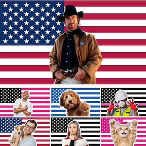 May include: A collage featuring a man in a cowboy hat and jacket against a backdrop of the American flag. Additional images include a smiling man, a dog, a person in safety gear, a couple with a dog, a woman, and a cat, each set against a flag.