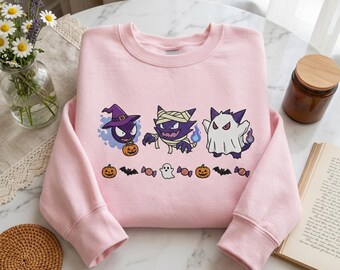 Custom Pokeween Embroidered Sweatshirt, Spooky Pocket Monster Halloween Sweater, Anime Ghost Character Crewneck, Retro Pumpkin Gift Shirt