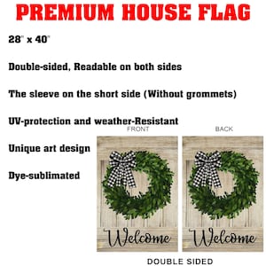Pode incluir: Bandeira de casa dupla face, 71 cm x 102 cm, com um design de grinalda verde e um la&ccedil;o xadrez preto e branco. A palavra "Welcome" est&aacute; escrita em it&aacute;lico. A bandeira &eacute; protegida contra raios UV e resistente &agrave;s intemp&eacute;ries.