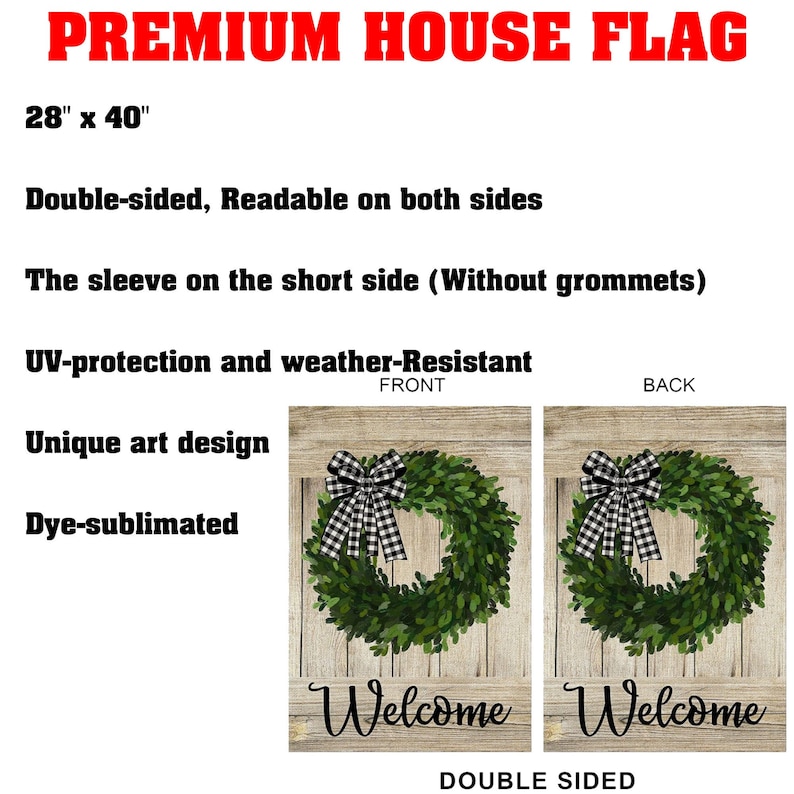 Pode incluir: Bandeira de casa dupla face, 71 cm x 102 cm, com um design de grinalda verde e um la&ccedil;o xadrez preto e branco. A palavra "Welcome" est&aacute; escrita em it&aacute;lico. A bandeira &eacute; protegida contra raios UV e resistente &agrave;s intemp&eacute;ries.