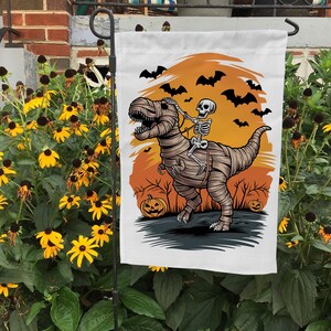 A Dinosaur With A Skeleton Flag, Funny Skeletons House Flag, Spooky Halloween Flag, Trick Or Treat Flag, Happy Halloween Witch Flag, FGB649