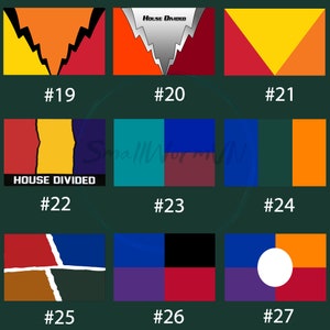 May include: A collection of abstract graphic designs, each featuring geometric shapes and bold color combinations. The designs include a variety of colors such as red, yellow, orange, blue, and green. Some designs include the text "HOUSE DIVIDED" and numbers.