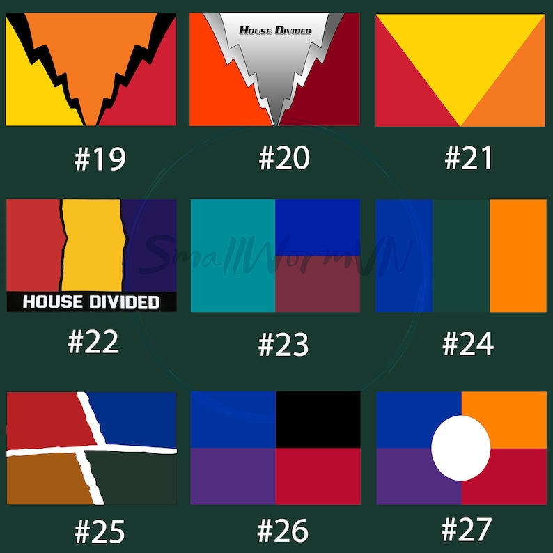 May include: A collection of abstract graphic designs, each featuring geometric shapes and bold color combinations. The designs include a variety of colors such as red, yellow, orange, blue, and green. Some designs include the text "HOUSE DIVIDED" and numbers.