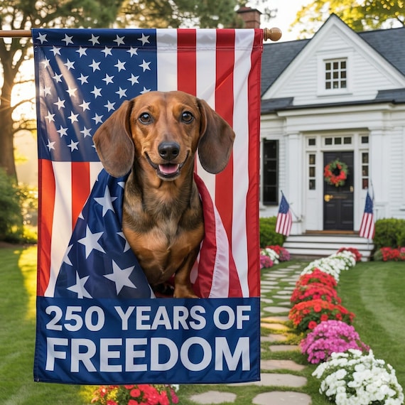 Dachshund America 250th Anniversary Garden Flag, 1776-2026 Patriotic Wiener Dog Decor, 250 Years of Freedom Doxie Flag, July 4th 2026 Flag