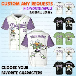 May include: Customizable baseball jerseys in various colors, featuring cartoon character designs. The jerseys have striped patterns, with options for "Donald" and "Your Name" customization. Available in kid, youth, and adult sizes. Choose your favorite characters.