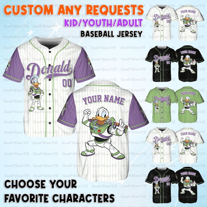 May include: Customizable baseball jerseys in various colors, featuring cartoon character designs. The jerseys have striped patterns, with options for "Donald" and "Your Name" customization. Available in kid, youth, and adult sizes. Choose your favorite characters.