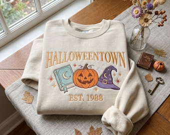 Vintage Halloween Town Est 1988 Embroidered Sweatshirt, Spooky Season Witch Hat Sweater, Retro Pumpkin Book Crewneck, Fall Holiday Shirt