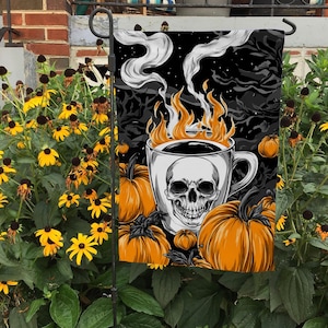 Halloween Coffee Cup With A Skull Flag, Spooky Flag For Goth Garden, Outdoor Halloween Flag, I Prefer Halloween Flag, FGB683