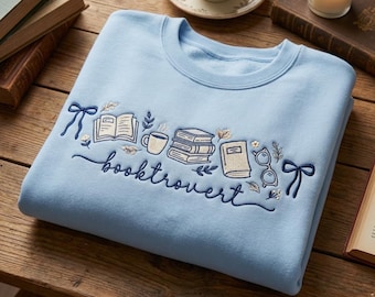 Embroidered Booktrovert Sweatshirt, Cute Floral Ribbon Book Lover Sweater, Retro Introvert Reading Crewneck, Aesthetic Reader Gift Shirt