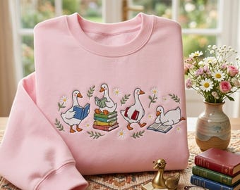 Embroidered Reading Goose Shirt, Cottagecore Farm Animal Sweater, Cute Bookish Geese Crewneck, Library Book Lover Gift Sweatshirt