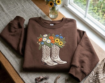 Embroidered Cowboy Boots Sweatshirt, Western Floral Wildflower Sweater, Country Music Cowgirl Crewneck, ATexas Rodeo Gift Shirt