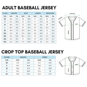 May include: Detailed size charts for adult and crop top baseball jerseys. The charts include measurements in inches and centimeters for length, bust, sleeve, shoulder, and chest sizes, with diagrams illustrating measurement points.