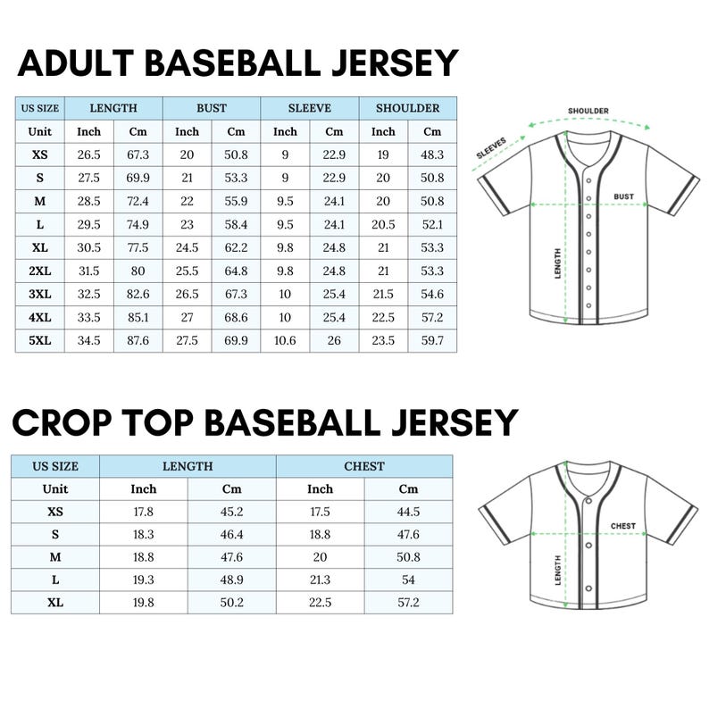 May include: Detailed size charts for adult and crop top baseball jerseys. The charts include measurements in inches and centimeters for length, bust, sleeve, shoulder, and chest sizes, with diagrams illustrating measurement points.