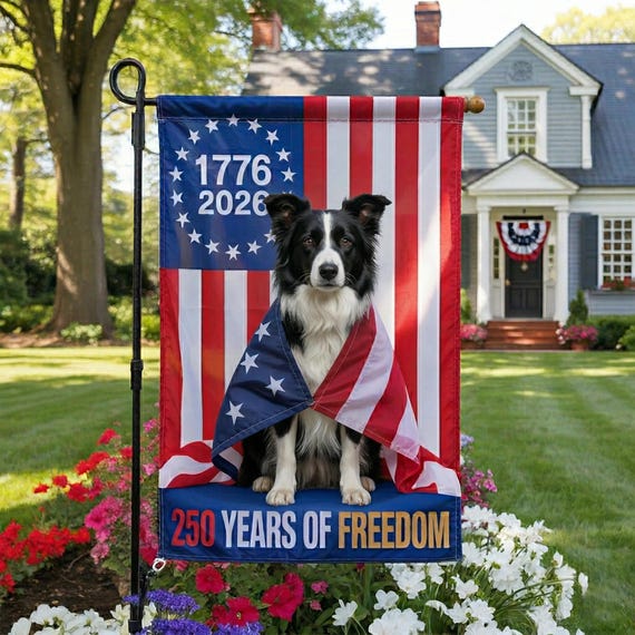 Border Collie America 250th Anniversary Flag, 1776-2026 Patriotic Border Collie Decor, 250 Years of Freedom Dog Yard Flag, July 4th 2026