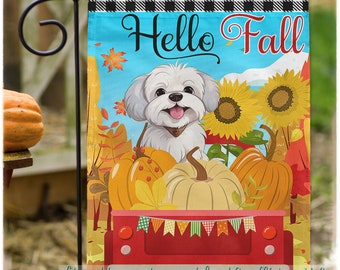 Bandera de temporada maltesa, bandera de jardín de granja, bandera de doble cara de perro de otoño, bandera de perro de bienvenida de otoño, regalos de decoración de patio delantero