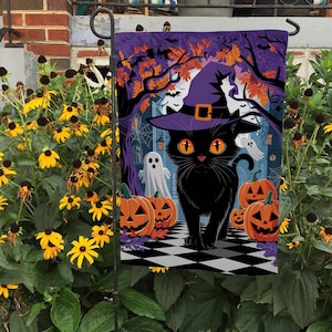 Black Cat Witch Halloween Flag, Halloween Witch Flag, Preppy Halloween Flag, Fall Holiday Garden Flag, Spooky Season Garden Flag, FGB729