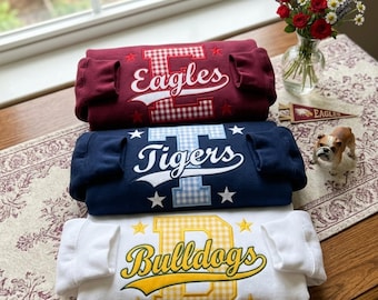 Custom Varsity Letter Embroidered Sweatshirt, Personalized School Spirit Gingham Sweater, Retro Game Day Fan Crewneck, Back To School Shirt