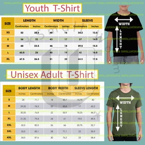 May include: A chart detailing Youth and Unisex Adult T-Shirt sizes, including body length, width, and sleeve length in inches and centimeters. The chart is against a black and green background.